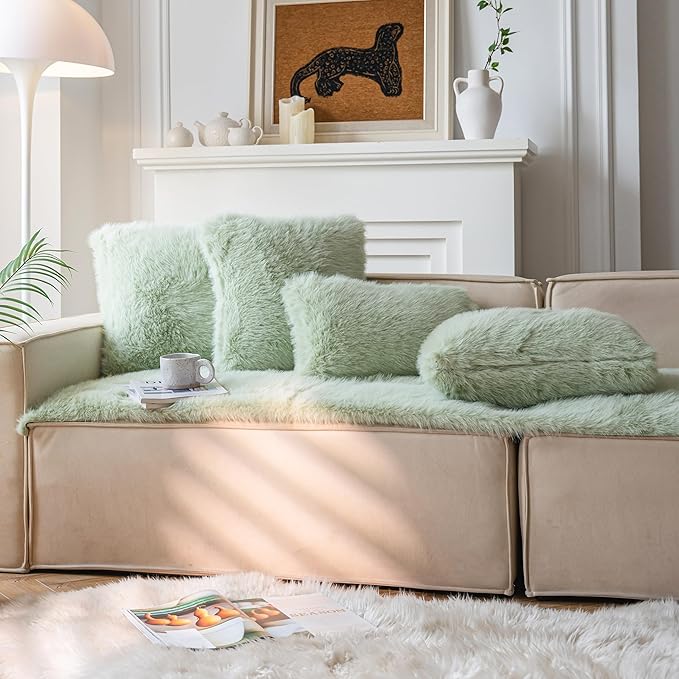 Neelvin Green Faux Fur Cozy Fluffy Double-Sided Decorative Throw Pillow Covers 24x24 inch Set of 2,Velvet Pillowcase Cushion Case for Sofa Couch