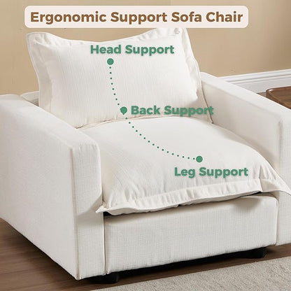chairus 97" Modular Sectional Sofa with 2 Moveable Ottoman Upholstered Deep Seat Linen Couch Set with Soft Pillows U Shaped Sofa Couch for Living Room, Apartment, Reception Room, 3-Seater/White