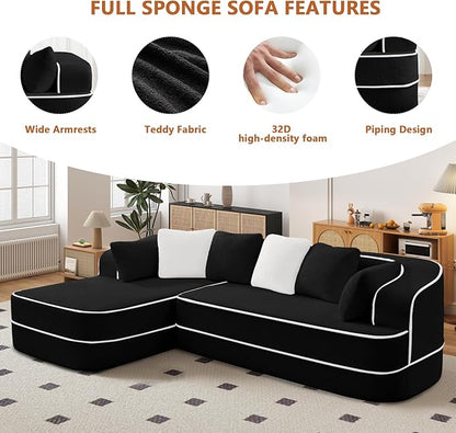 Cloud Sectional Sofa Modern Boneless Couch for Living Room, Comfy Deep Seat Comfy Teddy Fabric Double Sofa Chaise No Assembly Required (Black, 106" L Shape with Left Facing)