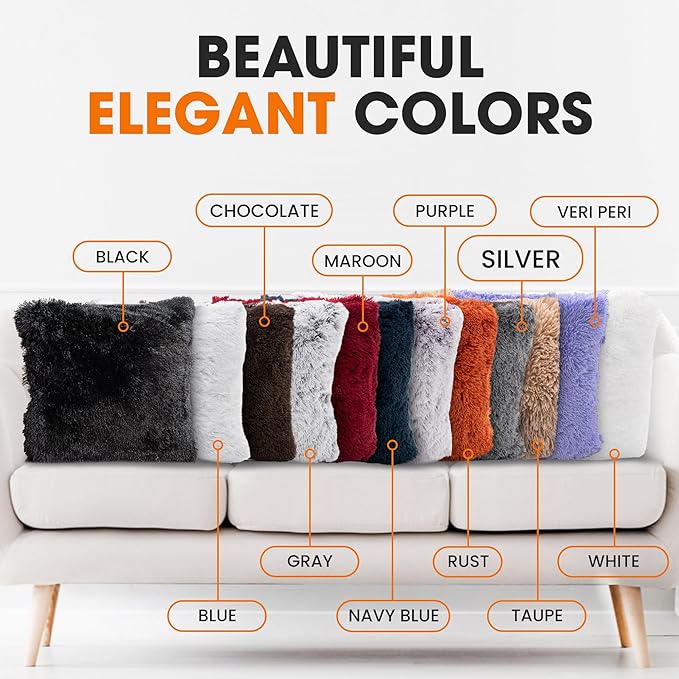 Cheer Collection Throw Pillows for Couch and Bed, Soft Shaggy Throw Pillows with Inserts Included, Cozy Long Hair Faux Fur Pillows - Set of 2-20" x 20" - Silver Gray