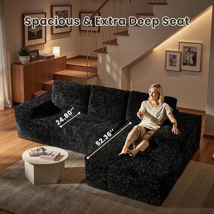 114" Glitter Cloud Sectional Couch with L-Shape Chaise, Modern Boneless Couches for Living Room, Fluffy Tufted Deep Seat Modular Sofa in a Box No Assembly
