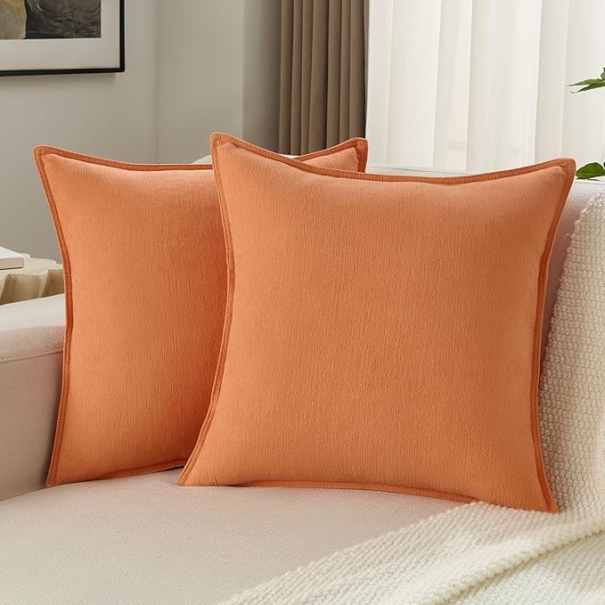 FUTEI Orange Chenille Throw Pillow Covers 24x24 Inch Set of 2,Edges Double-Stitched European Cushion Cases,Modern Home Decor for Couch Living Room