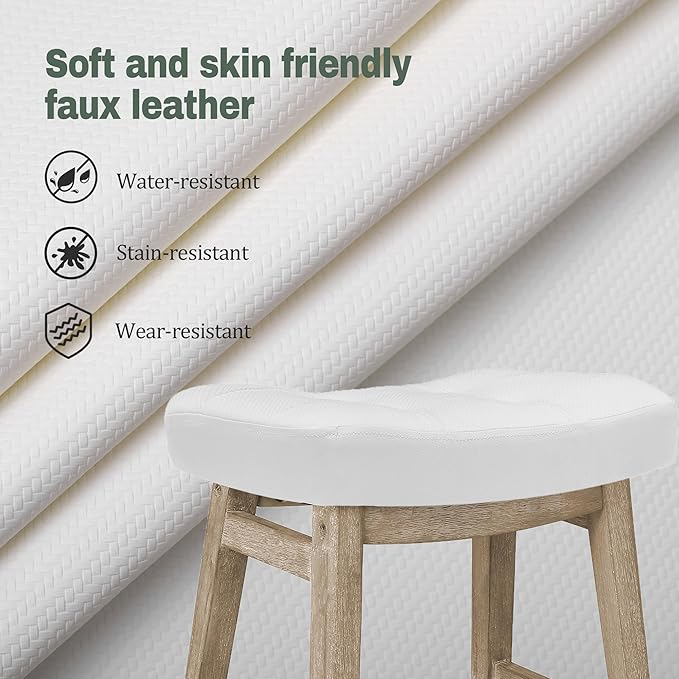 Counter Height White Bar Stools Set of 6 for Kitchen Counter Farmhouse Modern Barstools with Faux Leather Upholstered Backless Seat and Solid Wood Legs 24 inch Bar Chairs, White + Wood Color