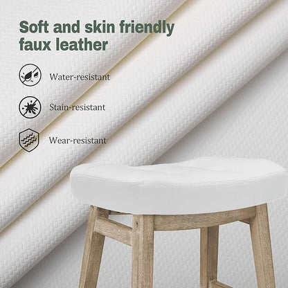 White Bar Stools Set of 3 for Kitchen Counter Island Counter Height Farmhouse Modern Barstools with Faux Leather Upholstered Backless Seat and Solid Wood Legs 24 inch Bar Chairs