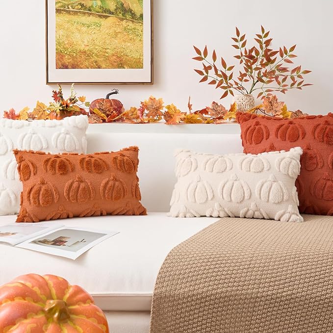 Kevin Textile Fall Pillow Covers 20x20 Inch Set of 2 Soft Pumpkins Decorative Square Pillowcases Plush Autumn Faux Fur Cushions Harvest Gift for Couch Sofa Chair Bedroom Home Decor, Beige