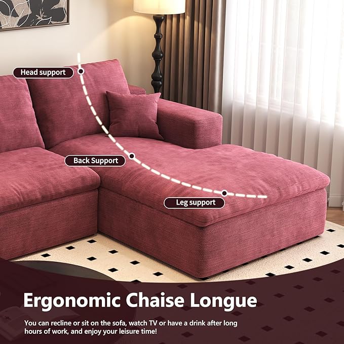 107'' L-Shaped Modern Modular Sectional Cloud Couch, 4-Seat Chenille Deep-Seat Sofa with Pillow for Living Room, Bedroom, Apartment, Wine Red