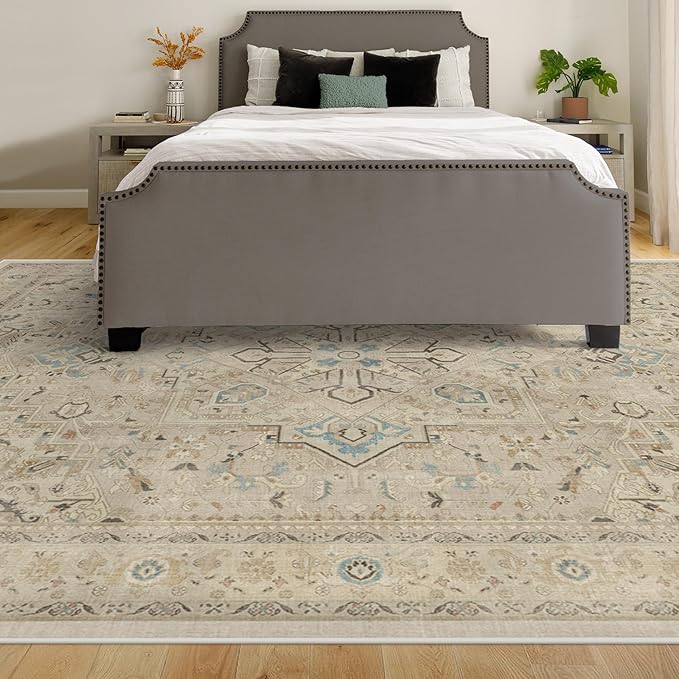 RUGGABLE Washable Vintage Area Rug – Kamran Ivory Opal 9x12, Stain-Resistant, Non-Slip – Large Machine Washable Rugs for Living Room, Bedroom, Hallway, Entryway & Office–with Cushioned Pad