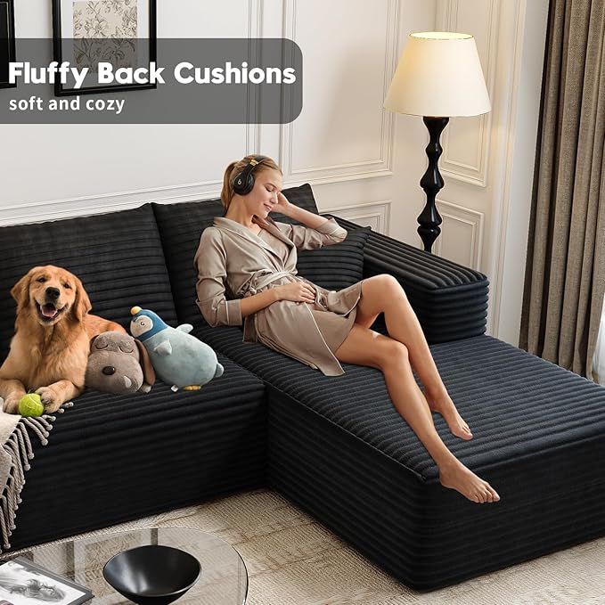 107.5" Cloud Modular Sectional Sofa with 1 Ottoman,Modern Minimalist Upholstered Couches, Comfort U Shaped Sofa for Living Room,Deep Seat Corner Couch，No Assembly Required (Black,Right Facing Chaise)