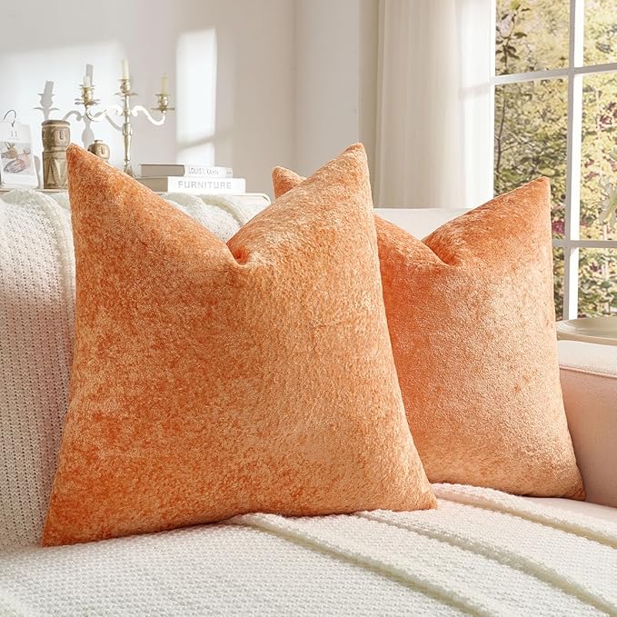 FUTEI Orange Flannel Throw Pillow Covers 20x20 Inch Set of 2,Soft Dimensional Textured Cushion Cases,Modern Home Decor for Couch Living Room