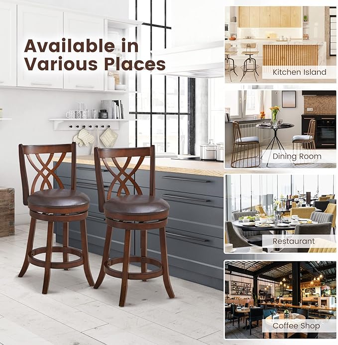 COSTWAY Bar Stools Set of 2, 360° Swivel Chairs with Rubber Wood Frame, 26 Inches PU Leather Cushioned Seat and Footrests, for Kitchen Island, Dining Room, Bar (Brown-26 inches, 2 stools)