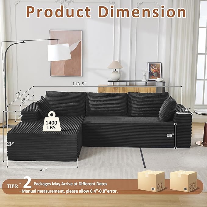 110" Boneless Sectional Couch with Chaise Lounge, Cloud Couch Compressed Sofa L Shape, No Assembly Memory Foam Sofa for Living Room, Black Corduroy