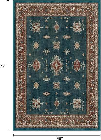 RUGGABLE Washable Vintage Area Rug – Verena Teal Blue 4x6, Stain-Resistant, Non-Slip – Medium Machine Washable Rugs for Living Room, Bedroom, Hallway, Entryway & Office–with Cushioned Pad