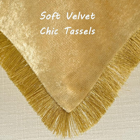 FUTEI Christmas Gold Velvet Decorative Throw Pillow Covers 22x22 Set of 2,Soft Cozy Edge with Tassels Cushion Case,Boho Modern Home Decor for Couch Bed Living Room