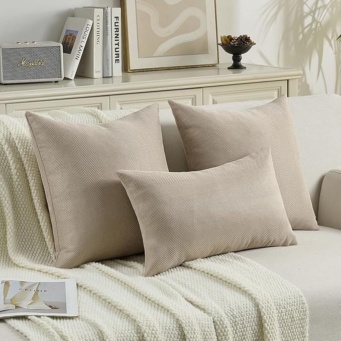 FUTEI Oatmeal Chenille Throw Pillow Covers 24x24 Inch Set of 2,Soft Wide Chevron Textured European Pillow Shams,Farmhouse Home Decor for Couch Bed Living Room