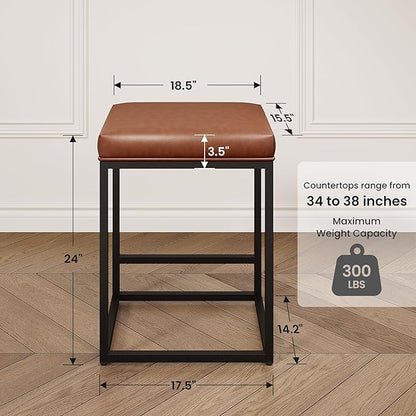 PHI VILLA Brown Leather Bar Stools Set of 4, Counter Height Barstools Kitchen Chairs, 24 inch Counter Stools