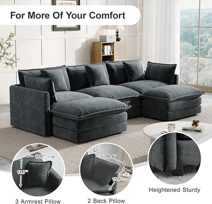 Modular Sectional Sofa, U-Shaped Cloud Sofa with Deep Seat, 111.5 Inch Chenille Sofa with Movable Ottoman, 3-Self Sectional Sofa for Living Room Apartment, Gray