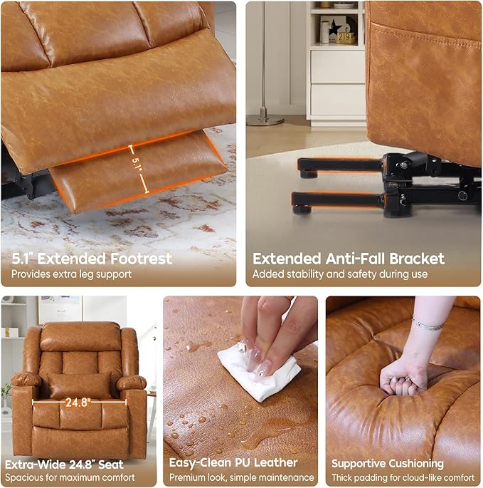 ABCASA Oversized Zero Gravity Power Lift Recliner Chair for Elderly Set of 2, Wide Dual Motor Recliners, Heat & Massage, Charging Ports, Cup Holders, Extended Footrest, PU Leather, Orange Brown