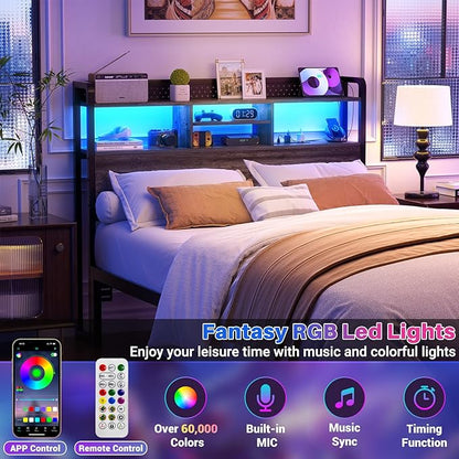 Unikito Headboard for Full Size Bed with Storage Shelf, Head Board with 3 Outlets and 2 USB Ports, Headboards with RGB LED Light, Height Adjustable, Sturdy and Stable, Easy Assembly,Black Oak