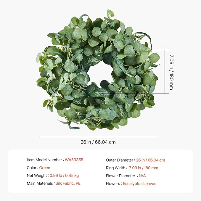 VEVOR 26" Eucalyptus Wreath for Front Door, Artificial Spring Greenery Wreath with Berries - All-Season Indoor Outdoor Farmhouse Decor for Wall, Window, Home, Festival