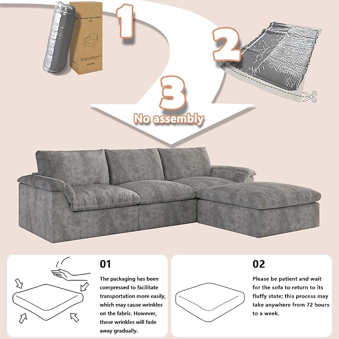 EASE MOOSE Oversized Cloud Couch Sectional Sofa, U-Shaped Modular Couch for Living Room, Minimalist Boneless Convertible Couches with Ottoman, 5-Seat Deep Sofas for Bedroom, Chenille (Grey)