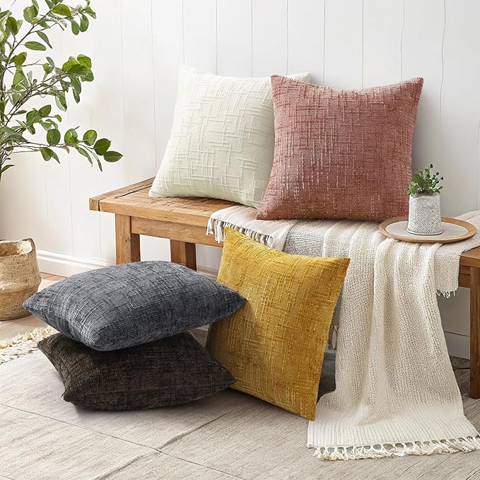 decorUhome Pink Chenille Throw Pillow Covers 26x26 Set of 2 Thick Textured Slubby Couch Pillow Covers Farmhouse Accent Modern Neutral Decorative Pillow Cases for Bed Sofa Living Room