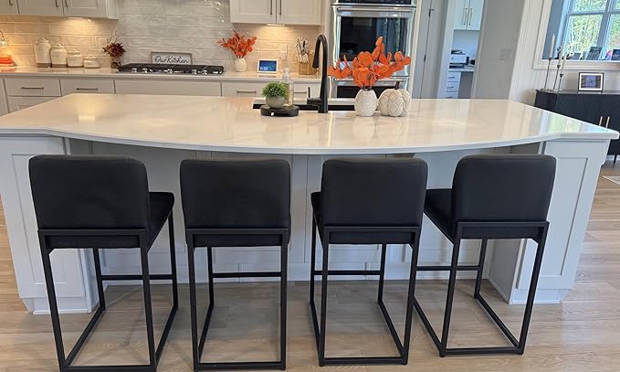 ALPHA HOME Counter Height Bar Stools, 24” Kitchen Counter Stools Set of 1, Pu Leather Kitchen Modern Bar Chairs with Back&Footrest, Sturdy Chromed Metal Steel Frame, Black