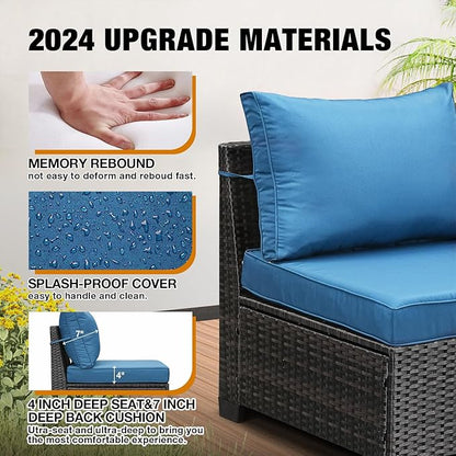 10 Pieces Patio Furniture Set All-Weather Outdoor Wicker Sectional Conversation Sofa Rattan Patio Seating Sofa with Cushion and Glass Table for Porch Poolside,Peacock Blue