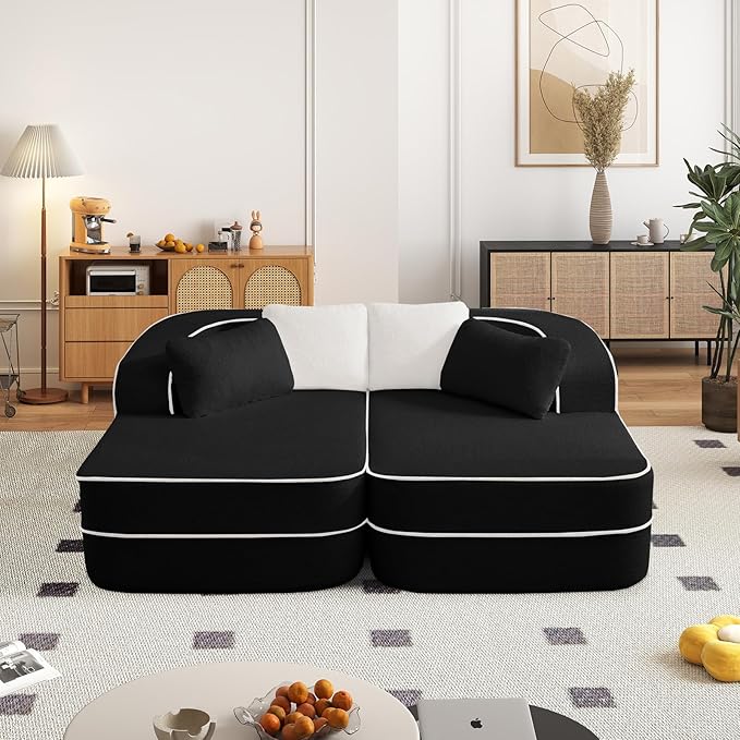 77.2" Oversized Double Lounge Chaise, Boneless Lounge Sofa Bed, Cloud Loveseat Sleeper Couch for Indoor Living Room, No Assembly Required, Teddy Fabric,Black