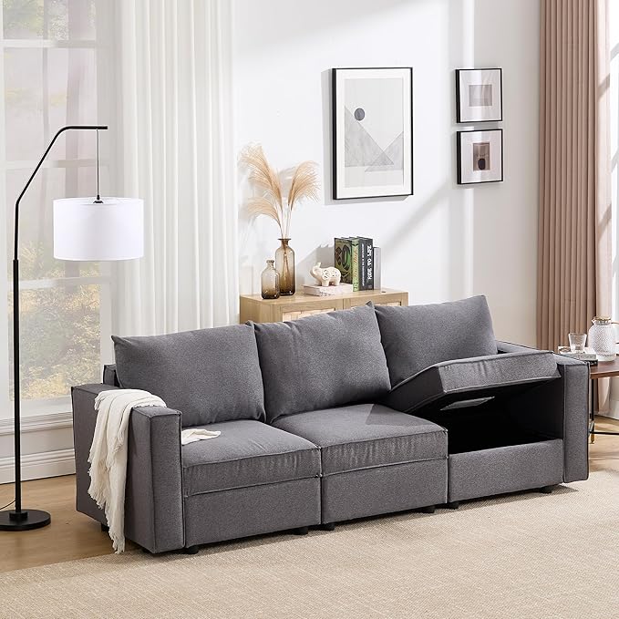90 inch Cloud Modular Sectional Sofa, 3 Seater Linen Fabric Couch, Modern Convertible Comfortable Sofa Couch for Living Room/Apartment, Grey