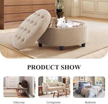 COLAMY Fabric Round Storage Ottoman with Reversible Tray Lid – Multi-Functional Footrest, Hidden Storage, Sturdy & Stylish Small Coffee Table for Living Room, Bedroom, or Entryway(Camel)