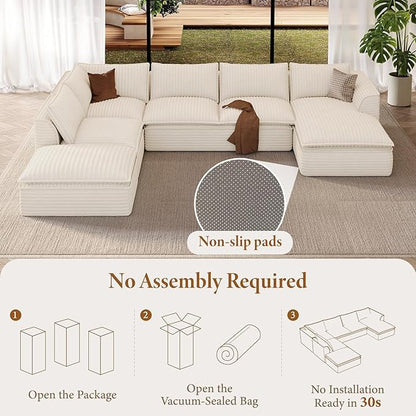Vesgantti 141.7" U Shaped Sectional Boneless Couch, Modern 6 Seater Modular Sofa with Chaise & Ottoman, Deep Seat Plush Corduroy Cloud Couches for Living Room, No Assembly Required, Beige