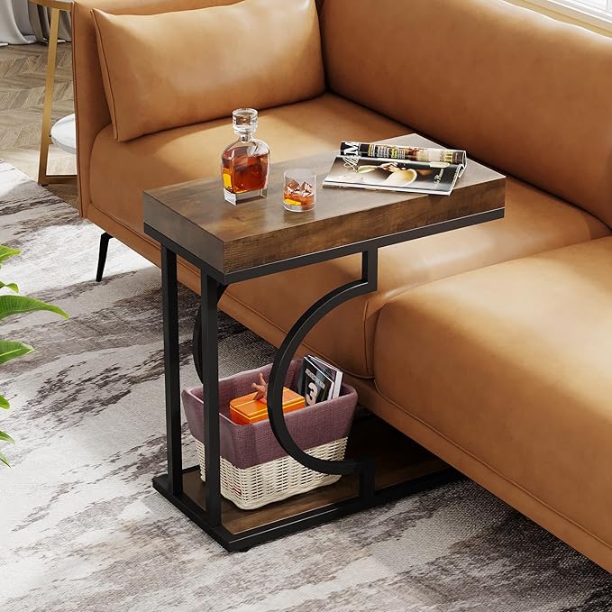 Tribesigns Narrow Side Table Brown Black C Shaped End Table Modern Bedside Tables for Couch, Small Sofa Tables with Metal Frame for Living Room (1, Brown+Black)