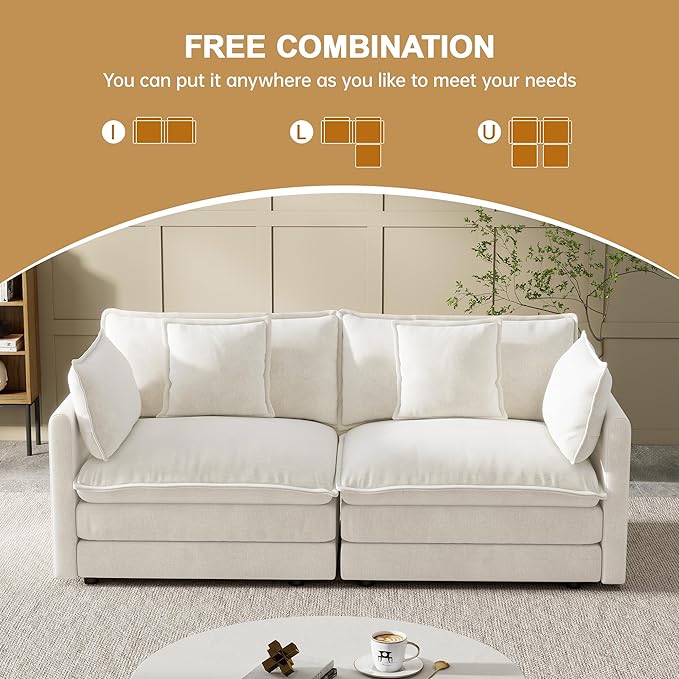 Modular Sectional Sofa, 76.7 Inch I-Shaped Cloud Sofa with Deep Seat Comfortable Chenille Sofa with Cushion Double Sectional Sofa for Living Room Apartment, White