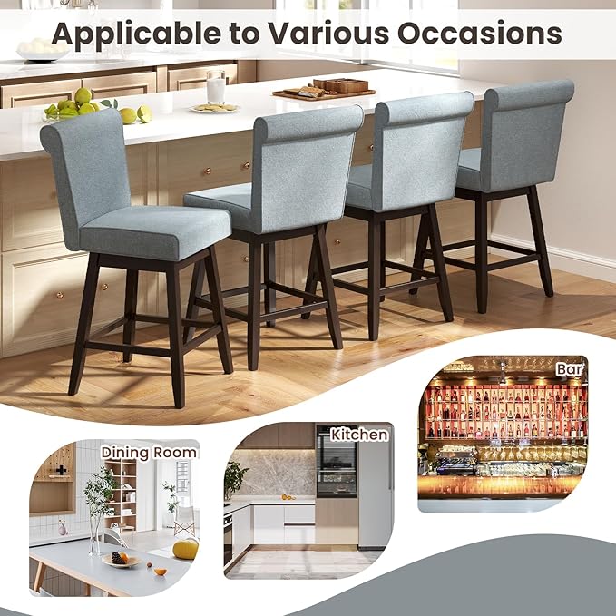 COSTWAY Swivel Bar Stools Set of 4, 27" Counter Height Bar Chairs with Rubber Wood Legs, Upholstered Linen Barstools with Back & Cushioned Seat, for Kitchen Island, Home, Pub, Grey