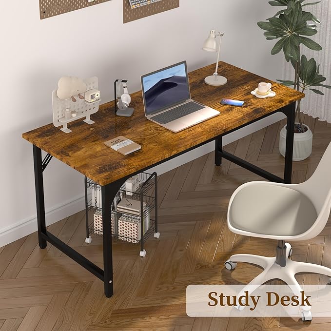 AZN Computer Desk, 47in Computer Desk, Office Desk w/Metal Frame, Office Desk w/Water-Resistant, Scratchproof Surface, Home Office Desks w/Large Legroom for Work Study Writing Gaming, Rustic Brown