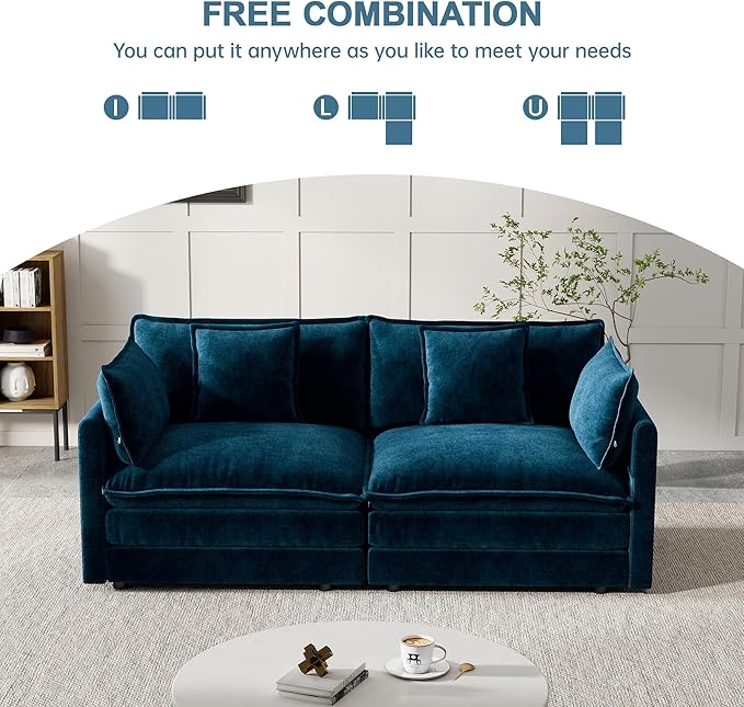 Modular Sectional Sofa, 76.7 Inch I-Shaped Cloud Sofa with Deep Seat Comfortable Chenille Sofa with Cushion Double Sectional Sofa for Living Room Apartment,Blue