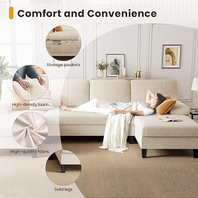 KKL Sectional Sofa Couch for Living Room, 112 Inches U Shaped Couch with Storage, Home Sofas with Chaise, Modern Comfy Couches for Apartment, Living Room Furniture, Chenille (Beige, U Shape)