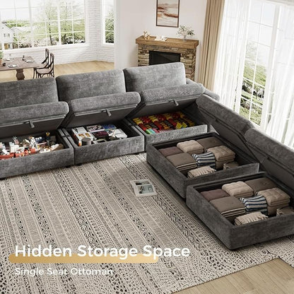 KKL Modular Sectional Couches for Living Room, Chenille 5 Seater Sofa Couch with Adjustable Backrest, Sofa Couch with Comfy Cushion, Dark Grey