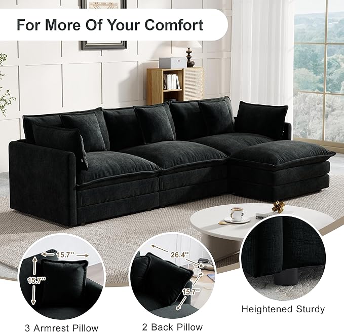 Modular Sectional Sofa, 111.5 Inch L-Shaped Cloud Sofa with Deep Seat Chenille Sofa with Cushions, Three-Self Sectional Sofa for Living Room Apartment,Black