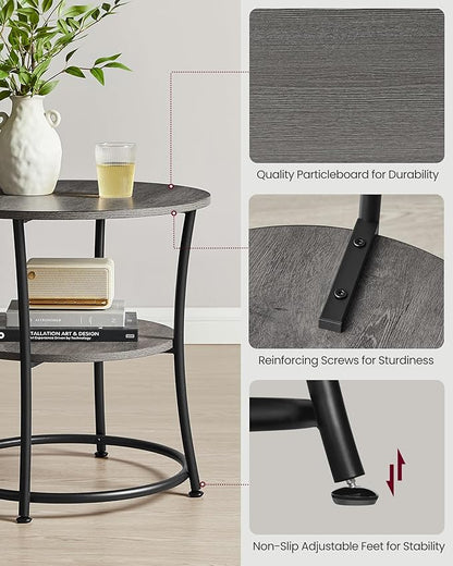 VASAGLE Side Table, 2-Tier Round End Table, Nightstand with Steel Frame for Small Spaces, Living Room, Bedroom, Misty Gray and Ink Black