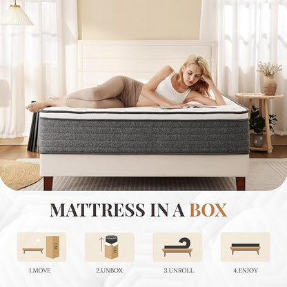 CH CHARME HOUSE Full Size Mattress, 12 Inch Full Hybrid Mattress in a Box, Medium Feel Foam and Individual Pocket Springs, Extra Edge Support, Pressure Relief, CertiPUR-US