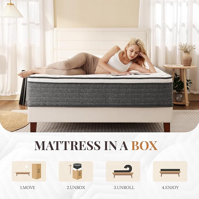 CH CHARME HOUSE Queen Mattress 10 Inch Hybrid Mattresses in a Box, Medium Feel Foam and Individual Pocket Springs, Fiberglass Free Mattress, Extra Edge Support, Pressure Relief, CertiPUR-US