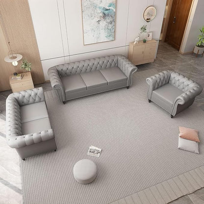 Living Room Chair, Modern Leather Chesterfield Sofa Chair, Mid Century Single Sofa Couch Chair with Tufted Back and Rolled Arms, Accent Sofa Chair for Living Room Apartment, Grey
