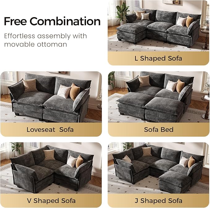 KKL Modular Sectional Sofa, V-Shaped 3 Seater Cloud Couch with Ottoman, Chenille Modern Sectional Couches for Living Room, Apartment Grey