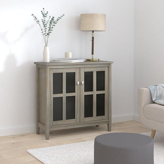 SIMPLIHOME Warm Shaker SOLID WOOD 32 inch Wide Transitional Low Storage Cabinet in Distressed Grey for the Living Room, Entryway and Family Room