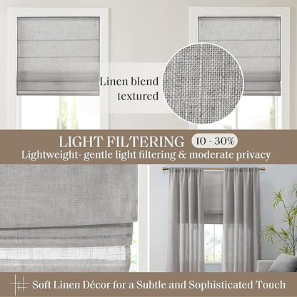 Madison Park Kyler Cordless Roman Shades - Single Panel, Lightweight Linen Blend Fabric, Natural Design, Easy Installation, Light Filtering Window Blind, Bedroom, Living Room Decor 27" W x 64" H Grey