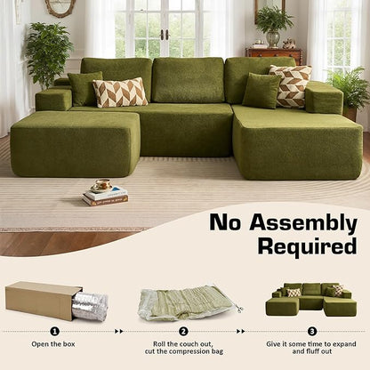 106" Cloud Sectional Couch with L-Shape Chaise & Ottoman, No Assembly Modular Sofa, Deep Seat Corduroy Boneless Couched for Living Room (Green Cloudy Velvet, Right Facing Chaise with Ottoman)