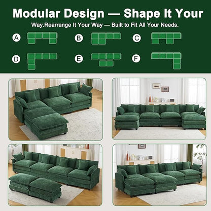 146" U Shaped Sectional Cloud Couch with 2 Ottomans｜Large Chenille Modular Sofa for Living Room｜FSC Solid Wood Frame｜29.1" Deep Seat｜Easy Assembly & 1YR Guarantee Green