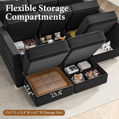 Vesgantti Sectional Couches with Storage Seats, 92" L Shaped Convertible Modular Sectional Sofa, 5 Seat & 1 Ottoman Velvet Storage Chaises Deep Seat Couch for Living Room, Bedroom, Apartment, Black