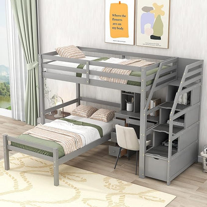 Twin Size Solid Wood Loft Bed with Storage Staircase and Desk, Bedroom Multifunctional Separable Bed Frame w/Shelves & Drawers,No Box Spring Needed,for Adult Kid Boy Girl,Gray